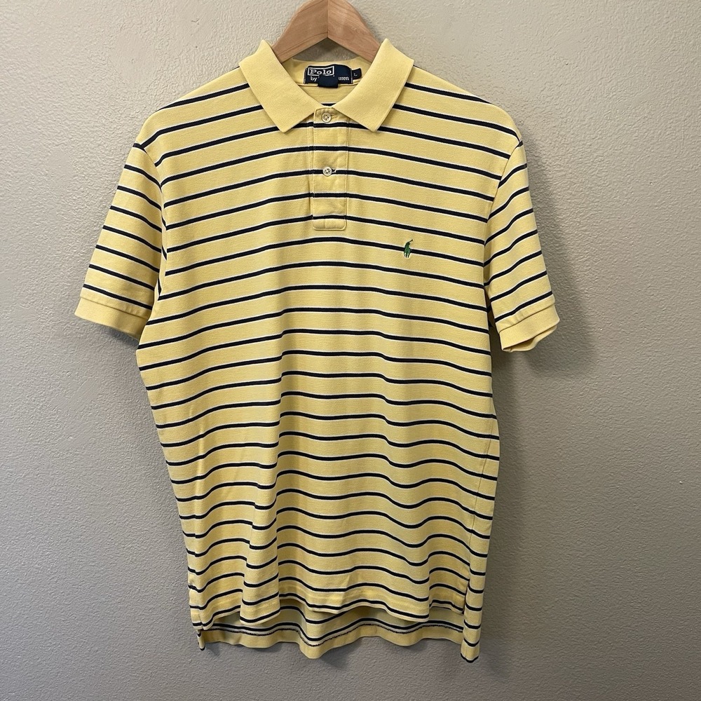 Ralph Lauren Men's Striped Cotton Polo Shirt Yellow Navy Preppy Size L